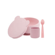 Este produto é da marca Minikoioi e é um conjunto de alimentação BLW (comida para bebés) na cor rosa. É ideal para ajudar os pais a alimentar os seus bebés de forma saudável e divertida.