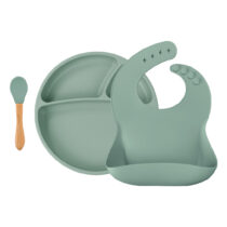 Este produto é da marca Minikoioi e é de cor verde. É um conjunto de alimentação BLW (Alimentação com Base em Alimentos Sólidos) que inclui um prato, uma colher e um copo. É ideal para ajudar os bebés a aprender a comer sozinhos.
