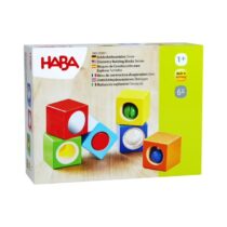 Cubos Para Explorar da Haba, um conjunto de blocos de construção coloridos nas cores vermelha, azul, verde, amarela e laranja, projetado para estimular os sentidos das crianças.