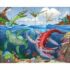 Puzzle de Dinossauros da HABA, colorido em tons de verde, vermelho e azul, apresenta um cenário subaquático cheio de dinossauros e criaturas marinhas.