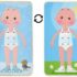 Haba - Jogo De Amarrar O Que Devo Vestir? é um brinquedo educativo colorido que apresenta uma figura de menina com partes do corpo destacáveis, utilizado para vestir com diferentes roupas.